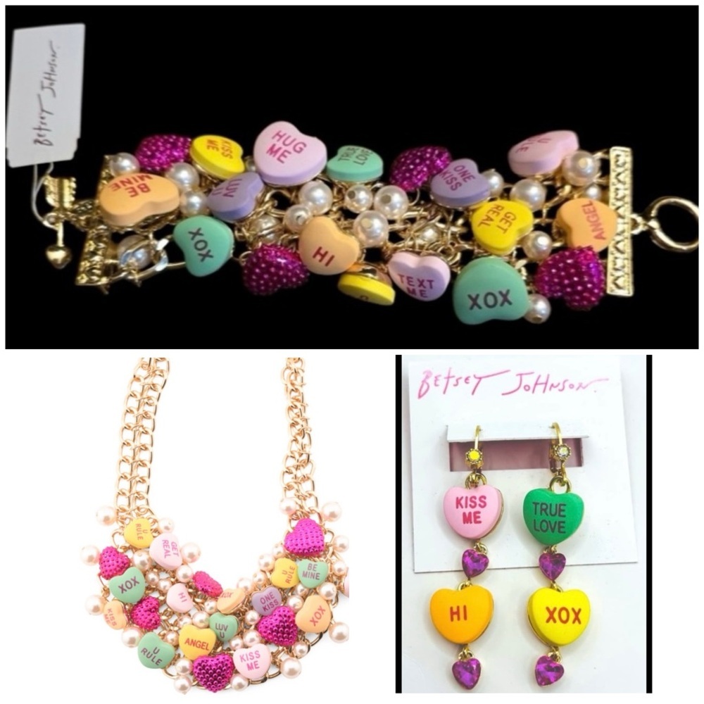 BETSEY JOHNSON SET Valentine Conversation Heart Necklace & Earrings NWT NEW